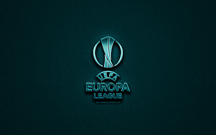 UEFA Europa League glitter logotyp, kreativa, bl&#229; metall bakgrund, UEFA Europa League logotyp, fotbollsligorna, UEFA Europa League