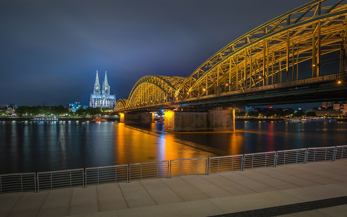 Hohenzollern橋, ライン川, ケルン, 夜, 町並み, 街の灯, ドイツ, ケルンの街並み