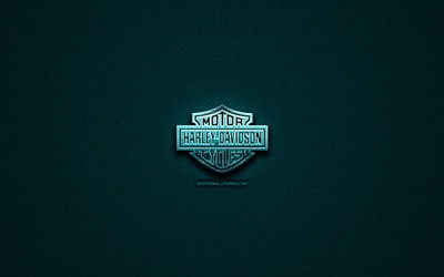 Harley-Davidson glitter logo, american motorcycles, creative, blue metal background, Harley-Davidson logo, brands, Harley-Davidson
