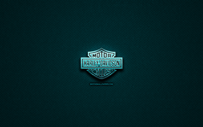 Harley-Davidson glitter logo, Amerikan motosiklet, yaratıcı, mavi metal arka plan, Harley-Davidson logo, marka, Harley-Davidson