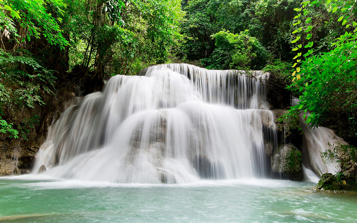 g&#252;zel şelale, yağmur ormanları, orman, Kanchanaburi, Tayland, birimleri, y&#252;zme havuzu ve Şelale