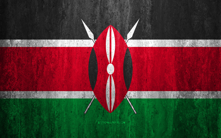 旗のケニア, 4k, 石背景, グランジフラグ, アフリカ, ケニアのフラグ, グランジア, 国立記号, ケニア, 石質感