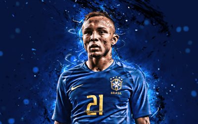4k, Everton, blue uniform, Brazil National Team, Cebolinha, soccer, Everton Sousa Soares, footballers, neon lights, abstract art, Brazilian football team
