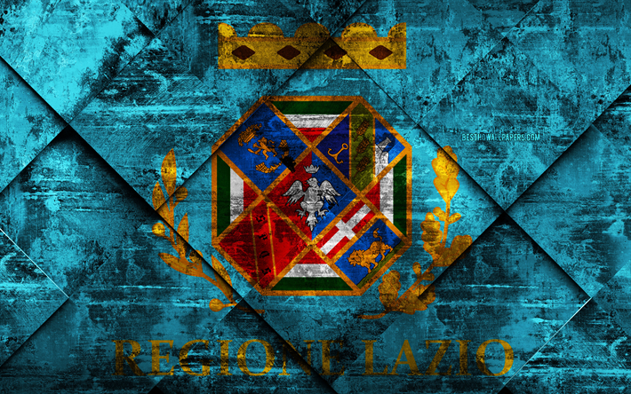 flagge von lazio, 4k, grunge, kunst, rhombus grunge-textur, italienischen region latium flagge, italien, nationale symbole, lazio, regionen italiens, kreative kunst