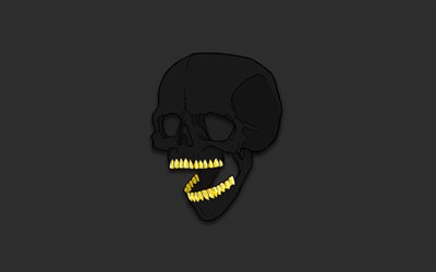 black skull, 4k, minimal, creative, black backgrounds, cartoon skull, artwork, skull