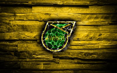 Jamaica, burning logo, CONCACAF, yellow wooden background, grunge, North America National Teams, football, Jamaican soccer team, soccer, Jamaica national football team