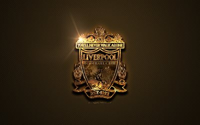 Liverpool FC, golden logo, English football club, golden emblem, Liverpool, England, Premier League, golden carbon fiber texture, football