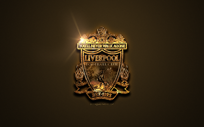 El Liverpool FC, de oro logotipo, club de f&#250;tbol ingl&#233;s, de oro con el emblema de Liverpool, Inglaterra, la Premier League, de oro de fibra de carbono, la textura, el f&#250;tbol