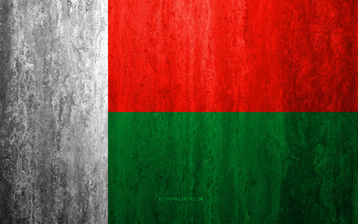 Drapeau de Madagascar, 4k, pierre fond, grunge drapeau, en Afrique, &#224; Madagascar drapeau grunge art, symboles nationaux, de Madagascar, de texture de pierre