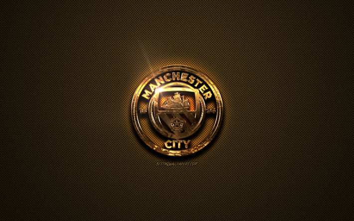 Manchester City FC, golden logotyp, Engelska football club, gyllene emblem, Manchester, England, Premier League, golden kolfiber konsistens, fotboll