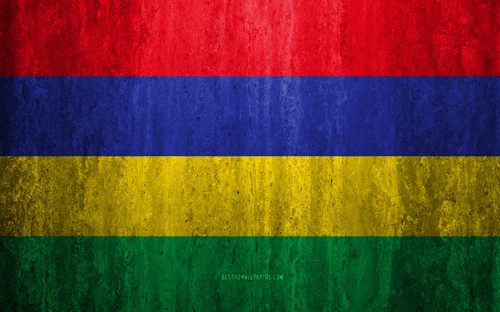 Mauritius bayrağı, 4k, taş arka plan, grunge bayrak, Afrika, grunge sanat, ulusal semboller, Mauritius, taş doku