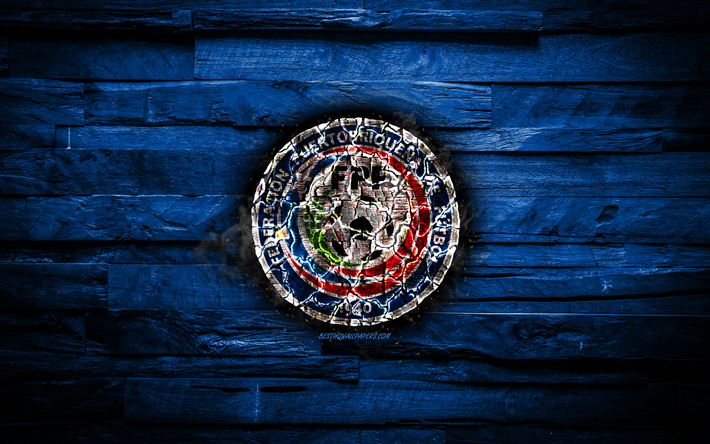 Puerto Rico, burning logo, CONCACAF, blue wooden background, grunge, North America National Teams, football, Puerto Rican soccer team, soccer, Puerto Rico national football team