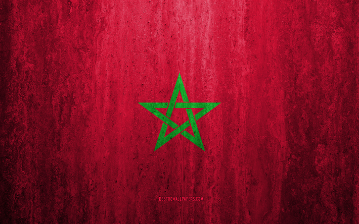 フラグモロッコ, 4k, 石背景, グランジフラグ, アフリカ, モロッコの国旗, グランジア, 国立記号, モロッコ, 石質感