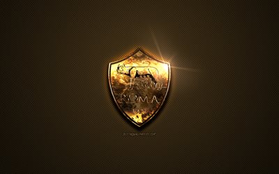 AS Roma, golden logo, Italian football club, golden emblem, Rome, Italy, Serie A, golden carbon fiber texture, football, Roma logo