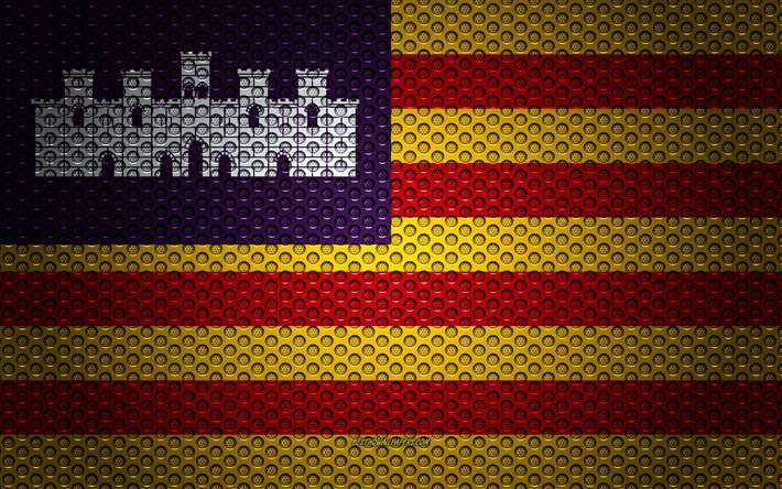 Bandeira das Ilhas Baleares, 4k, arte criativa, a malha de metal textura, Ilhas baleares bandeira, s&#237;mbolo nacional, prov&#237;ncias da Espanha, Ilhas Baleares, Espanha, Europa