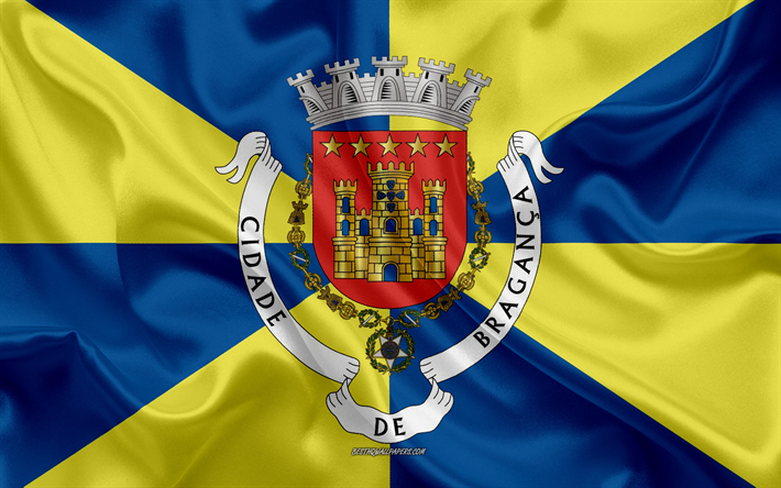 フラグのブラガンサ地区, 4k, 絹の旗を, シルクの質感, ブラガンサ地区, ポルトガル, ブラガンサフラグ, 地域のポルトガル