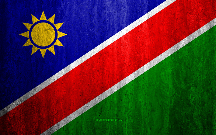 Flag of Namibia, 4k, stone background, grunge flag, Africa, Namibia flag, grunge art, national symbols, Namibia, stone texture