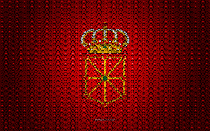 Flag of Navarre, 4k, creative art, metal mesh texture, Navarre flag, national symbol, provinces of Spain, Navarre, Spain, Europe