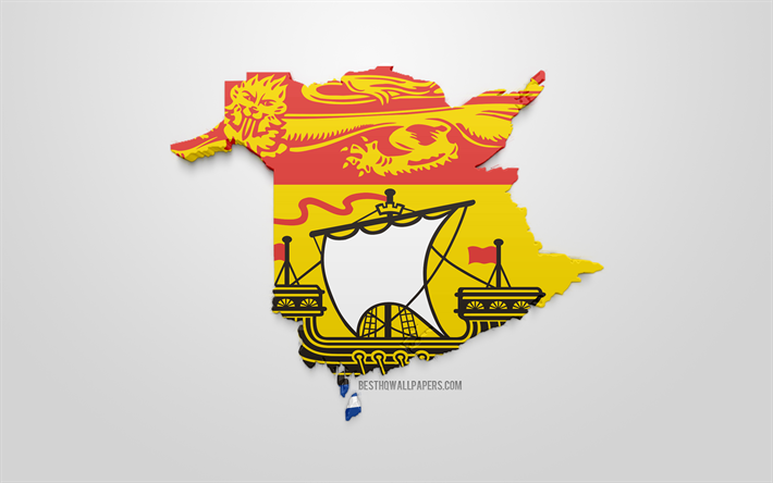 New Brunswick karta siluett, 3d-flagga i New Brunswick, provinsen Kanada, 3d-konst, New Brunswick 3d-flagga, Kanada, Nordamerika, New Brunswick, geografi, New Brunswick 3d siluett
