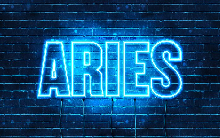 Aries, 4k, wallpapers with names, horizontal text, Aries name, Happy Birthday Aries, blue neon lights, picture with Aries name