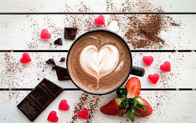 latte design di cuore, cuore nel caffè, amo il caffè concetti, latte art, cuore in schiuma di caffè, caffè, tazza bianca