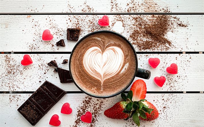 latte design di cuore, cuore nel caff&#232;, amo il caff&#232; concetti, latte art, cuore in schiuma di caff&#232;, caff&#232;, tazza bianca