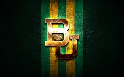 Baylor Athletics, golden logo, NCAA, green metal background, american football club, Baylor Athletics logo, american football, USA