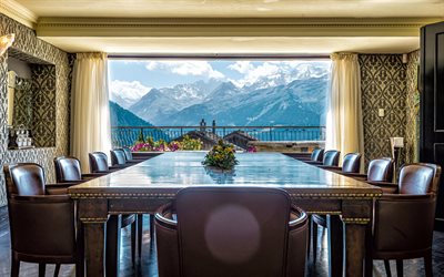 interni dal design classico, sala riunioni, grande tavolo in legno, tavolo da riunione, tavolo classico design, Vista Montagna