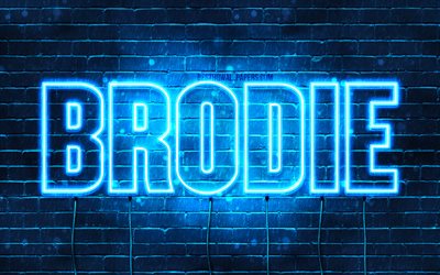 Brodie, 4k, les papiers peints avec les noms, le texte horizontal, Brodie nom, Joyeux Anniversaire Brodie, bleu n&#233;on, une photo avec le nom de Brodie