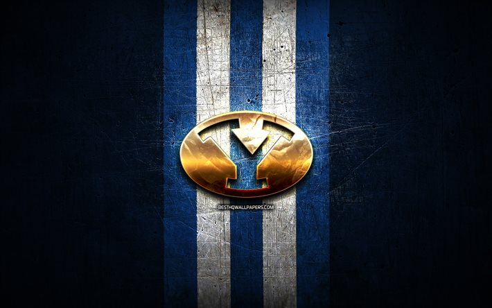 Brigham Young Cougars, kultainen logo, NCAA, sininen metalli tausta, american football club, Brigham Young Cougars logo, amerikkalainen jalkapallo, USA