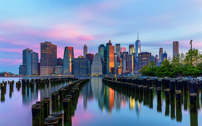 Nueva York, en la noche, 4k, antiguo muelle de Manhattan, las ciudades de am&#233;rica, nueva york, los rascacielos, estados UNIDOS, las Ciudades de Nueva York, estados unidos