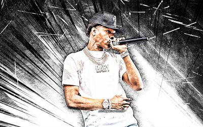 4k, Lil Baby, grunge art, american rapper, music stars, concert, Dominique Armani Jones, american celebrity, Lil Baby with microphone, white abstract rays, creative, Lil Baby 4K