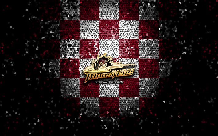 cleveland-monster, glitter, logo, ahl, lila-wei&#223;-karierten hintergrund, usa, amerikanische eishockey-team, die cleveland-monster logo -, mosaik-kunst, hockey, amerika