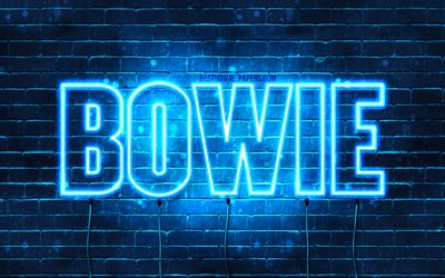 Bowie, 4k, wallpapers with names, horizontal text, Bowie name, Happy Birthday Bowie, blue neon lights, picture with Bowie name