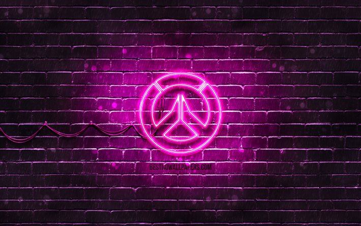 Overwatch lila logotyp, 4k, lila brickwall, Overwatch logotyp, 2020 spel, Overwatch neon logotyp, Overwatch