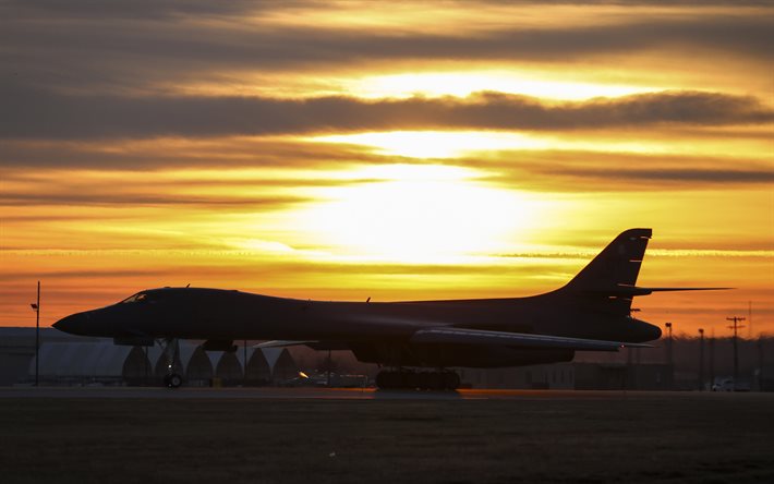 Rockwell B-1 Lancer, B-1B, Supersonic strategic heavy bomber, United States Air Force, evening, sunset, military airfield, US military aircraft, US Air Force