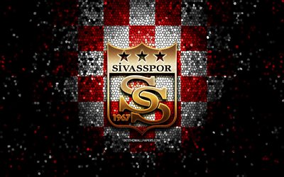 Sivasspor FC, glitter logotipo, Super League Turca, vermelho branco fundo quadriculado, futebol, Sivasspor, turco futebol clube, Sivasspor logotipo, arte em mosaico, A turquia