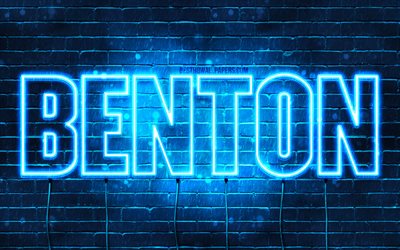 Benton, 4k, pap&#233;is de parede com os nomes de, texto horizontal, Benton nome, Feliz Anivers&#225;rio Benton, luzes de neon azuis, imagem com Benton nome