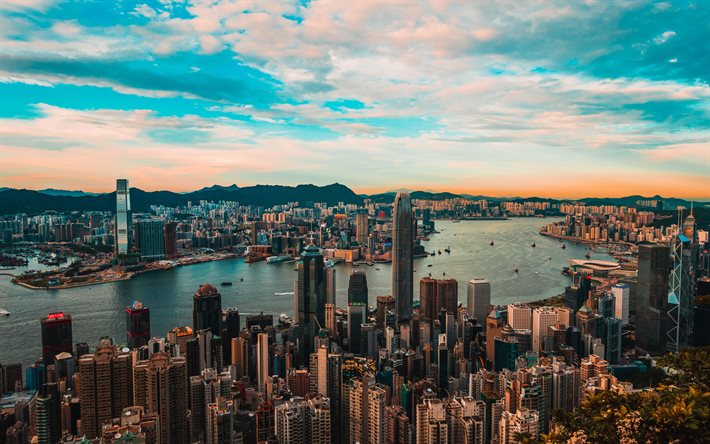 Akşam Hong Kong, 4k, metropolis, ufuk &#231;izgisi, g&#246;kdelenler, modern binalar, şehirler, Asya, &#199;in, Hong Kong