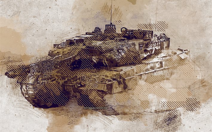 Leopard 2, Alem&#227;o tanque principal de batalha, grunge arte, arte criativa, pintado Leopard 2, desenho, Leopard 2 grunge, Leopard-2A6, arte digital