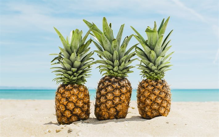 pineapples on the sand, beach, seascape, pineapples, tropical islands, summer concepts, summer travels
