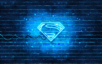 Superman blue logo, 4k, blue brickwall, Superman logo, superheroes, Superman neon logo, Superman