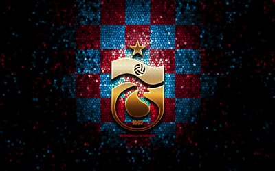 Trabzonspor FC, glitter logo, Turkish Super League, blue purple checkered background, soccer, Trabzonspor, turkish football club, Trabzonspor logo, mosaic art, football, Turkey