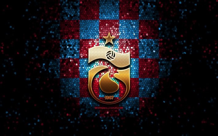Trabzonspor FC, glitter logotipo, Super League Turca, azul, roxo fundo quadriculado, futebol, Trabzonspor, turco futebol clube, Trabzonspor logotipo, arte em mosaico, A turquia