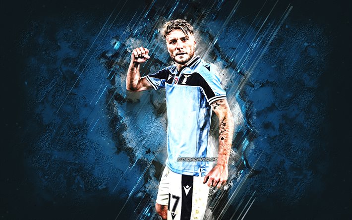 Ciro Immobile, Italian football player, SS Lazio, blue stone background, portrait, creative art, Serie A, Italy, football, Lazio
