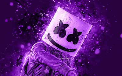 DJ Marshmello, 4K, violet n&#233;on, superstars, Christopher Comstock, american DJ, stars de la musique, fan art, Marshmello 4K, de violette, de milieux, de cr&#233;ativit&#233;, de Marshmello, DJs