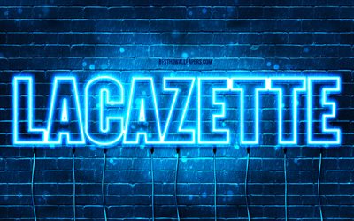 Happy Birthday Lacazette, 4k, blue neon lights, Lacazette name, creative, Lacazette Happy Birthday, Lacazette Birthday, popular french male names, picture with Lacazette name, Lacazette