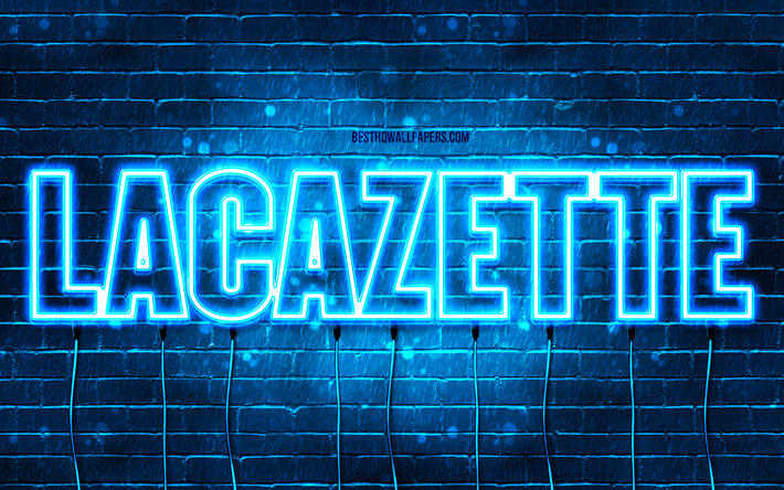 happy birthday lacazette, 4k, luci al neon blu, nome lacazette, creativo, lacazette happy birthday, lacazette birthday, nomi maschili francesi popolari, foto con nome lacazette, lacazette