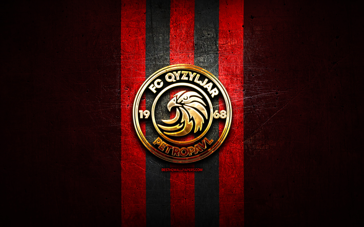 kyzylzhar fc, logo dorato, kazakistan premier league, sfondo di metallo rosso, calcio, squadra di calcio kazaka, logo fc kyzylzhar, fc kyzylzhar