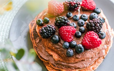 pancakes with chocolate, 4k, raspberries, pancakes with berries, blackberries, blueberries, pancakes, sweets, pastries